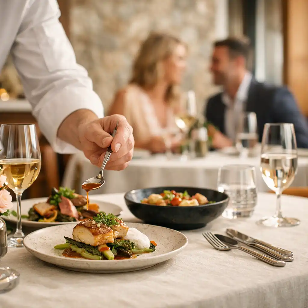 A server finishing plated dishes at a linen-dressed celebration table.