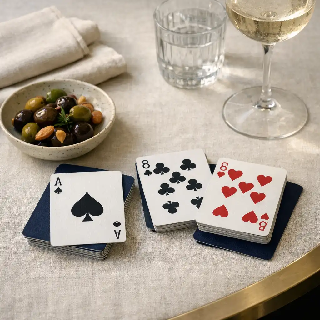 Classic playing cards, linen, glassware and a shared dish on a refined table