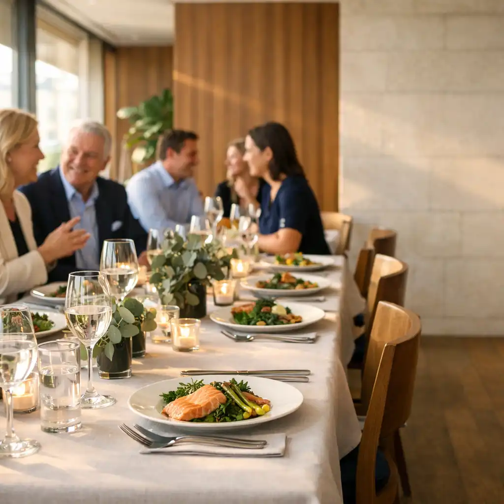Professionally dressed guests conversing around a linen-covered corporate dinner table in a sunlit restaurant setting.