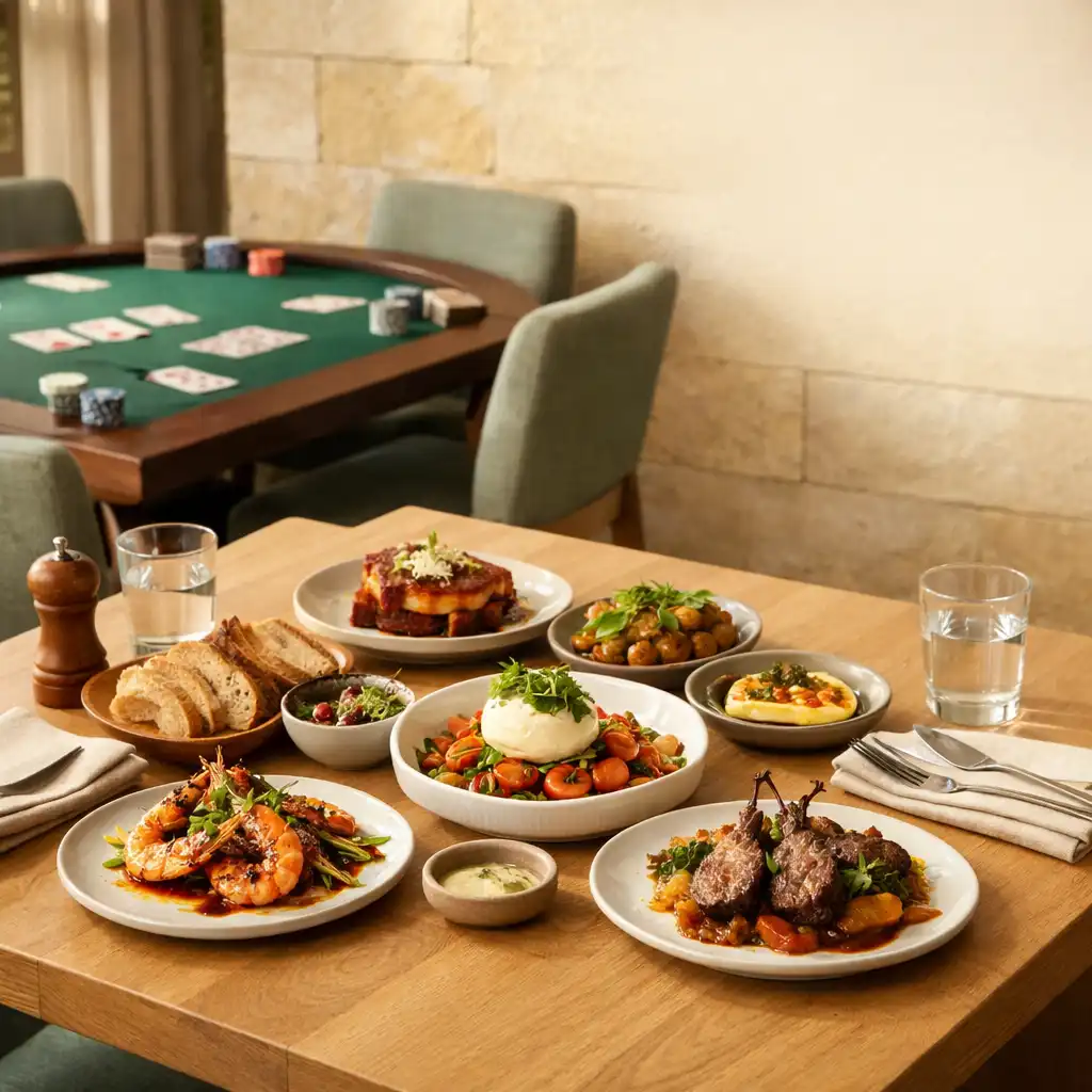 Seasonal dishes and shared table setting in the restaurant before a card lounge evening