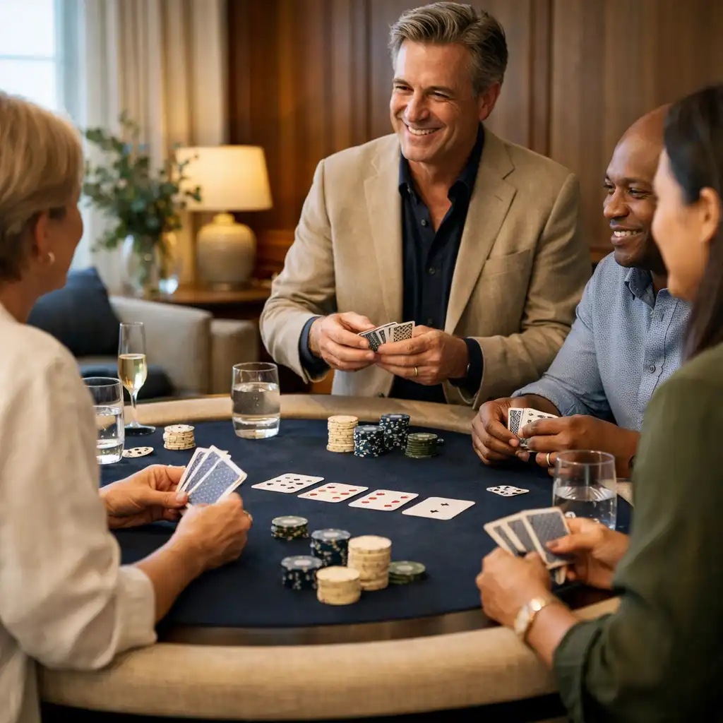 Guests at a private card table with a host in a warm, refined lounge setting