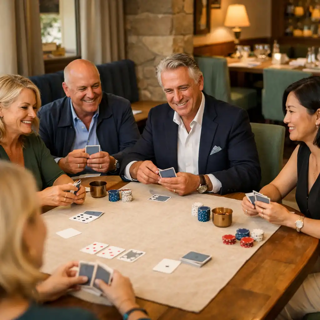A host guiding adult guests through a relaxed classic card session around a timber table in an elegant lounge.