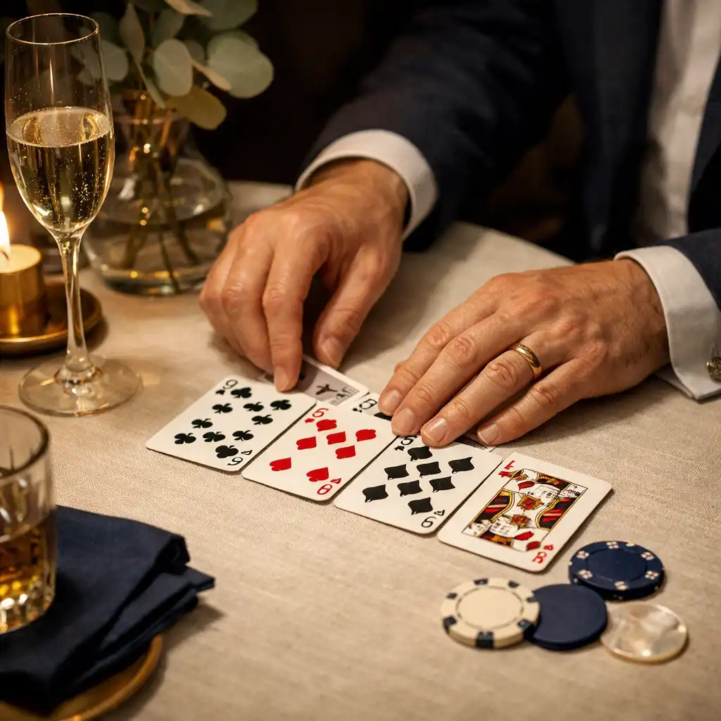 Hands arranging playing cards on a pale linen-covered lounge table
