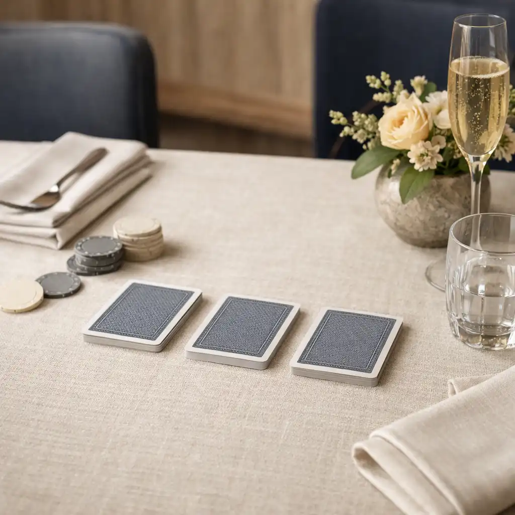 Private table prepared with cream linen, face-down cards, glassware and subtle table details