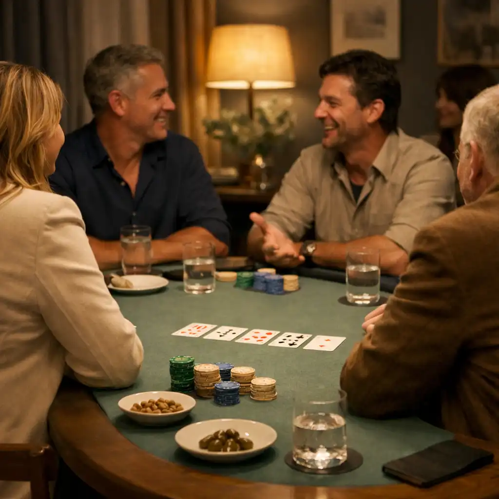 Relaxed guests gathered around a refined private card table in the lounge