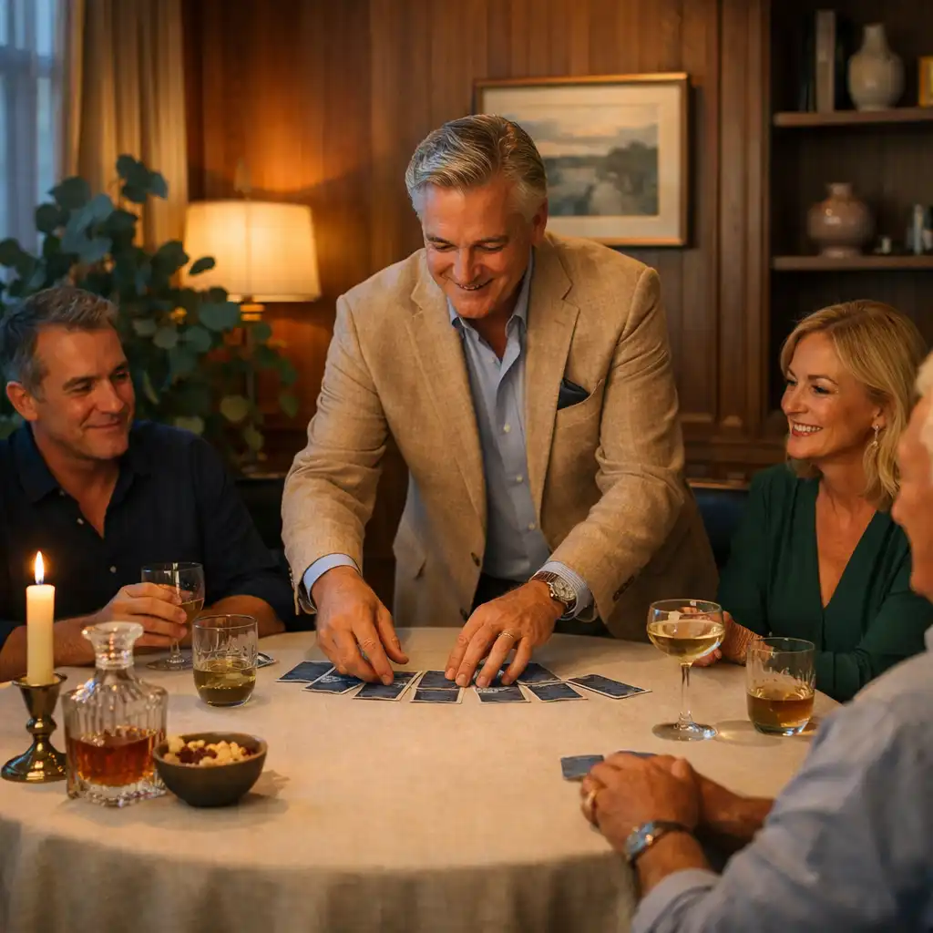 Host arranging cards at a linen-covered private table while guests talk in a warm lounge setting