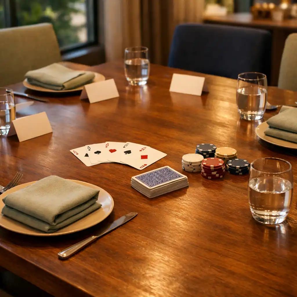 A private lounge table set with linen, water glasses, classic cards and upholstered chairs in a refined hospitality setting.