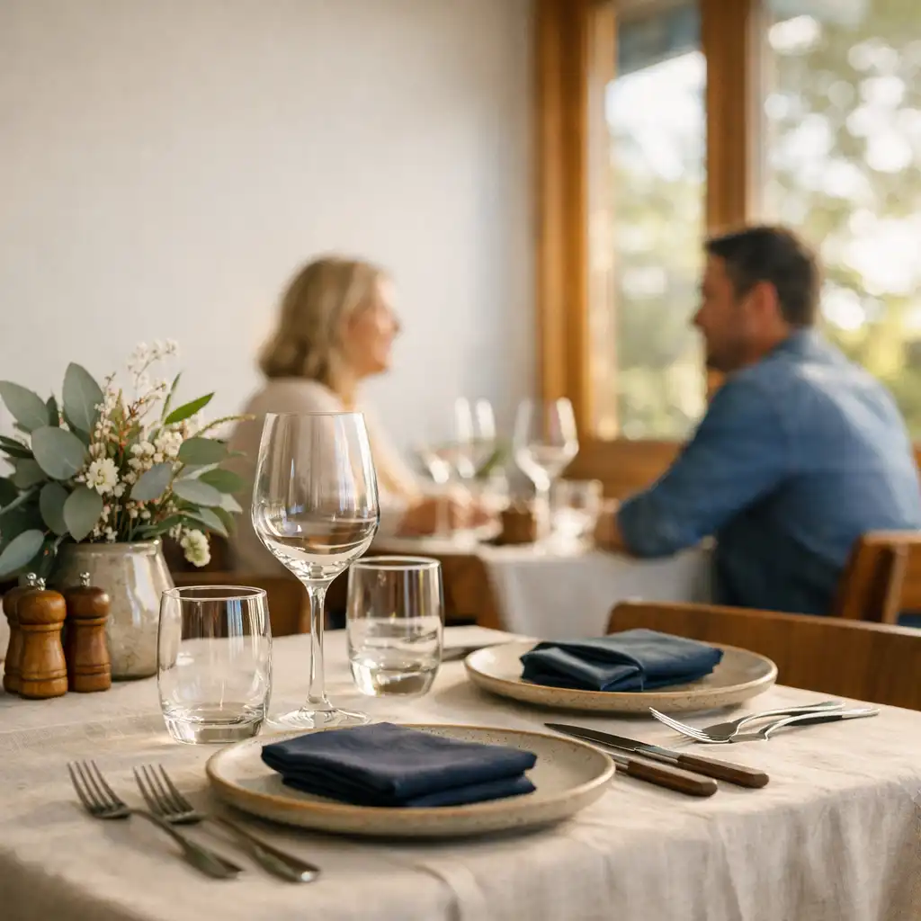 Sunlit restaurant table set with linen, ceramic plates and glassware, with guests softly visible in the background.