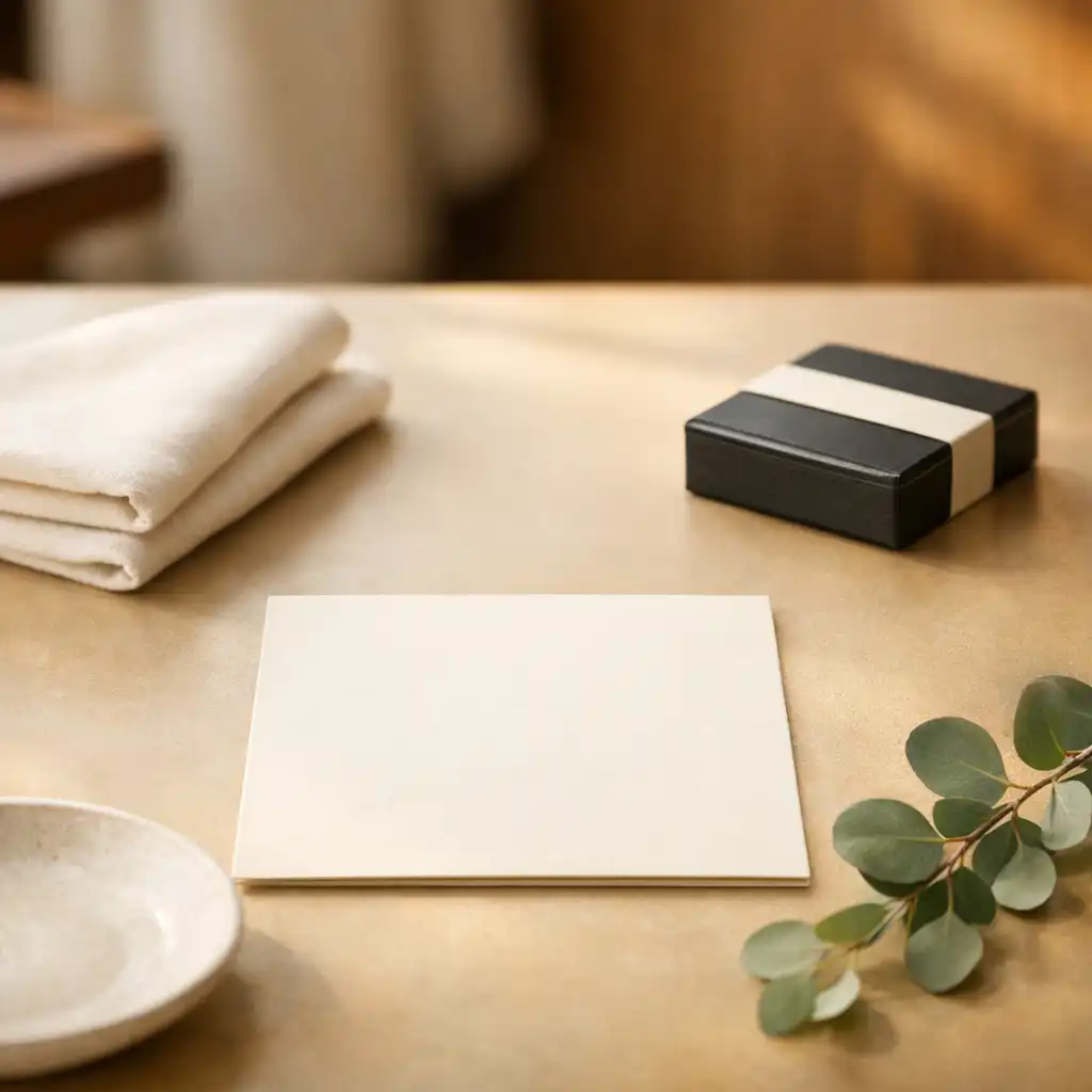 Private table detail with folded linen, neatly arranged cards, ceramic plate and eucalyptus sprig.