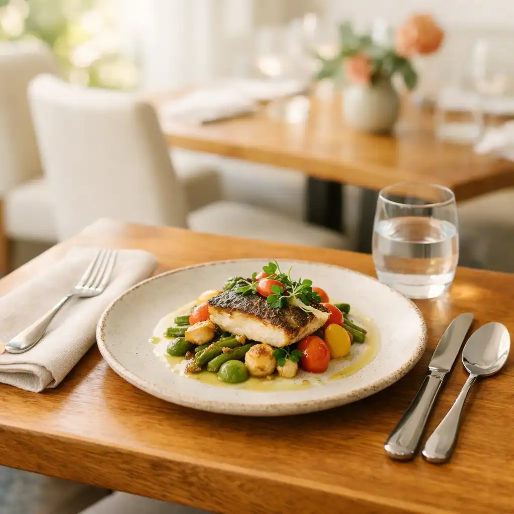 A considered plated dining setting with linen, ceramic tableware and polished cutlery