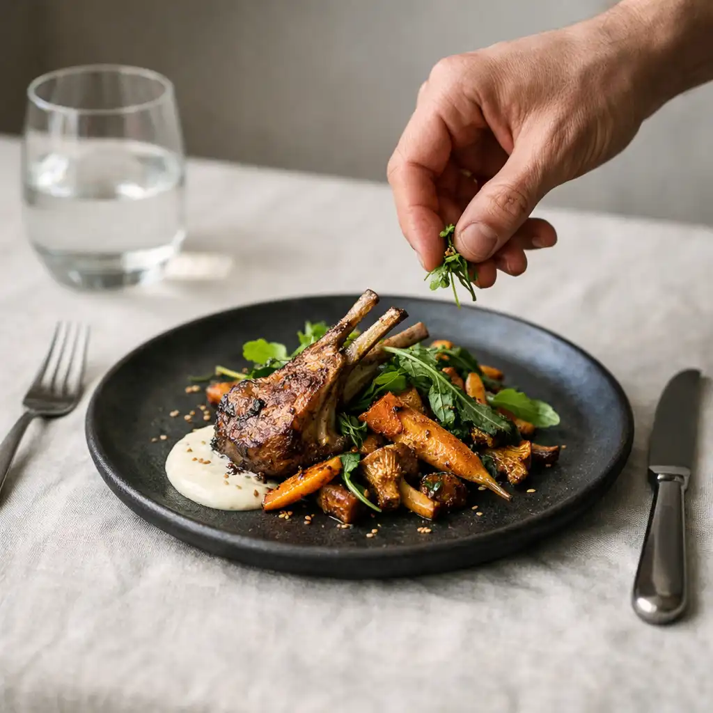 Seasonal restaurant plate on linen with a host adding a finishing touch