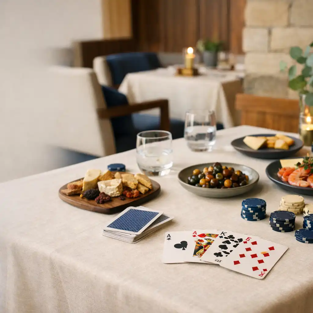 Sunlit restaurant table set with shared plates, glasses and classic card details for a relaxed evening