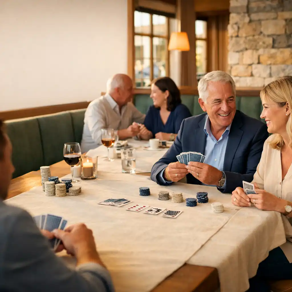 Guests gathered around a linen-covered timber table in the sunlit Offline Poker Lounge