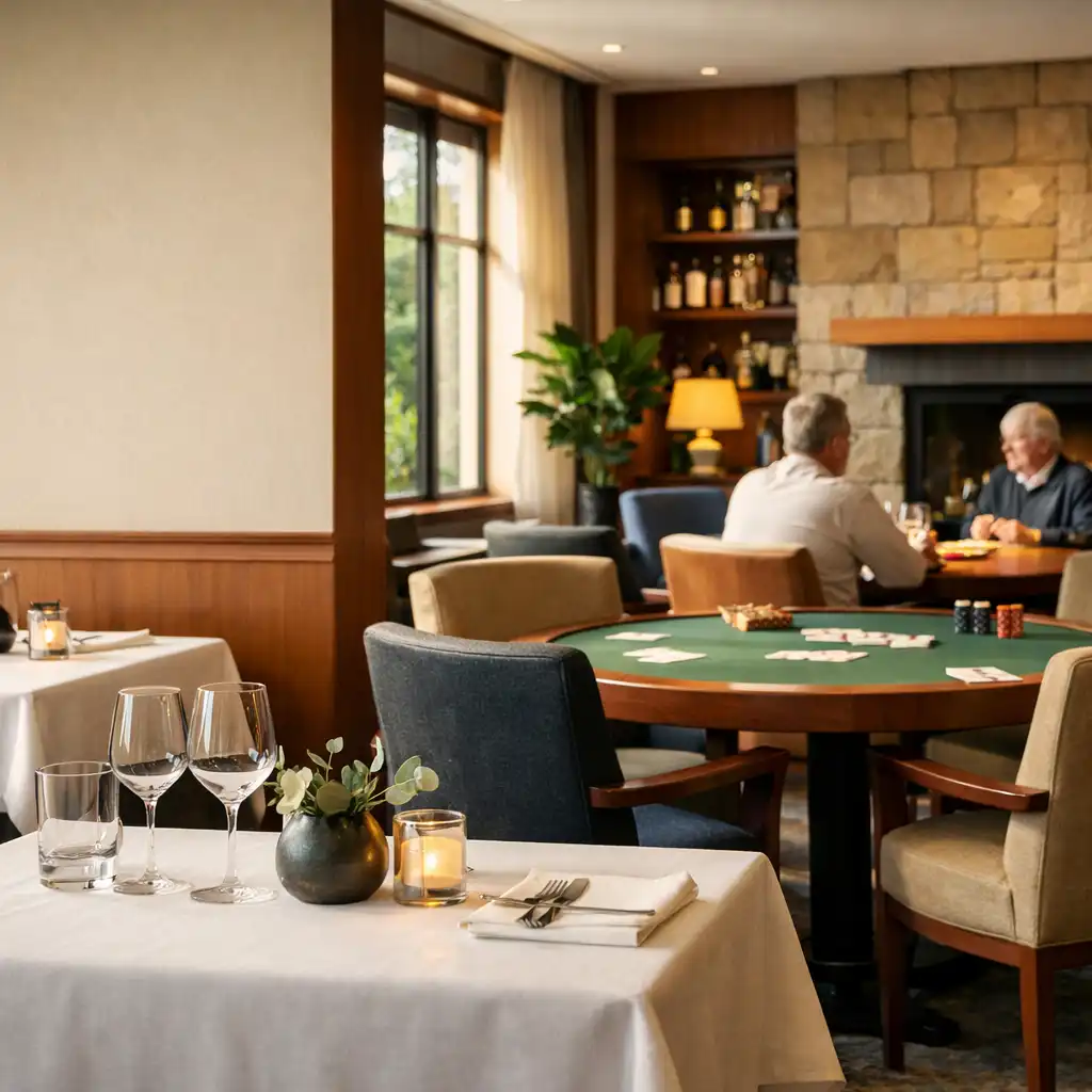 Sunlit linen-covered tables connecting a refined restaurant dining room with a relaxed lounge setting
