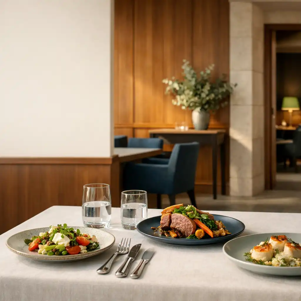 Sunlit restaurant table with seasonal dishes and a discreet card lounge beyond